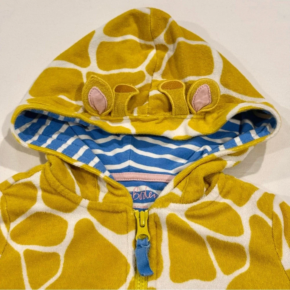 Mini Boden Giraffe Toweling Hoodie Girls 3-4 Y Boys Swim Cover Up Full Zip